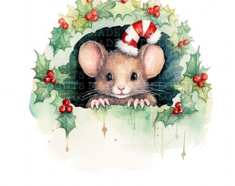 Weihnachten Maus in Loch Clipart Sublimation Card Making Scrapbooking Holly und Beeren Weihnachten Clipart Bild kleine kommerzielle Nutzung