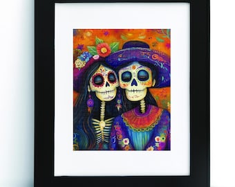 Dia de los Muertos 版画、カトリーナ カラベラ カップル、メキシコ民俗芸術 (デジタル ダウンロード)