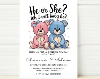 Teddy Bear Gender Reveal Invitation Editable Template Baby brewing Template Editable He or She What will Baby be? Download Boy girl