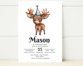 Baby Moose Birthday Invitation, Wild One Party (Digital)