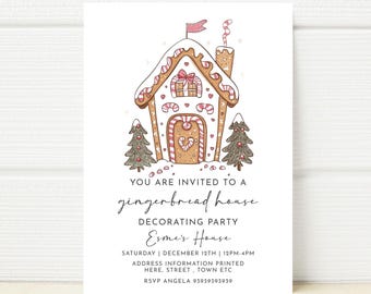 May include: A gingerbread house invitation for a decorating party. The invitation features a cartoon gingerbread house with candy cane accents and a pink flag. The text reads "You are invited to a gingerbread house decorating party, Esme's House, Saturday, December 12th, 12pm-4pm, Address information printed here, street, town etc, RSVP Angela 93939393939."