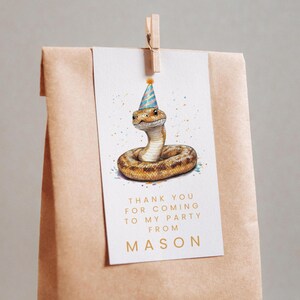Può includere: Un sacchetto regalo di carta marrone con un'etichetta bianca con un'illustrazione ad acquerello di un serpente con un cappello da festa. L'etichetta recita "Thank you for coming to my party from Mason."