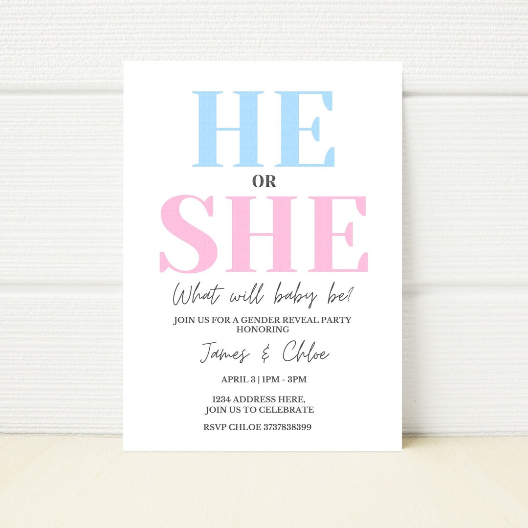 Gender Reveal Editable Invitation Canva Template He or She Pink or Blue ...