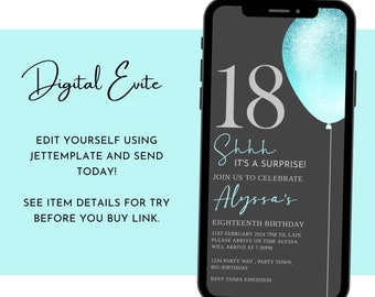Surprise 18th Birthday Phone Invitation | Digital Invite| Eighteenth Birthday | Silver and Teal Invitation | Digital