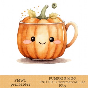 Mug citrouille mignon Clipart Kawaii aquarelle fichier PNG automne artisanat automne Halloween sublimation fabrication de cartes Badges T-shirts usage commercial pk3