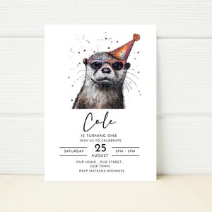 Invitación a fiesta de cumpleaños de nutria Invitación Niños Niñas Plantilla digital editable Móvil Editable Minimalista Lindo Divertido Bosque Fiesta Piscina Nadar