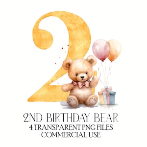 Birthday Teddy Bear Number 2 Birthday Balloons 2nd Birthday Second Clipart Sublimation Instant Download PNG 4 colourways