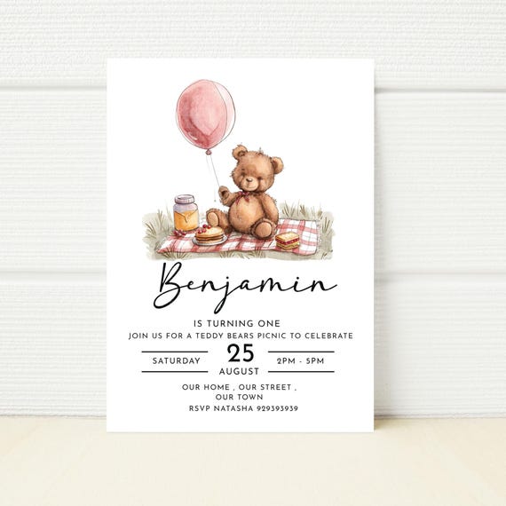 Teddy Bears Picnic Birthday Invitation, Editable Template (Digital)