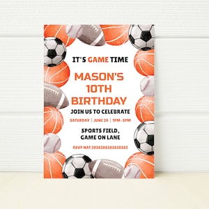 Sports Birthday Party Invitation Basketball Baseball Soccer Football Rugby Track Editable Template Download Printable