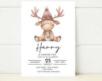 Moose Winter Birthday Invitation, Editable Template (Digital)