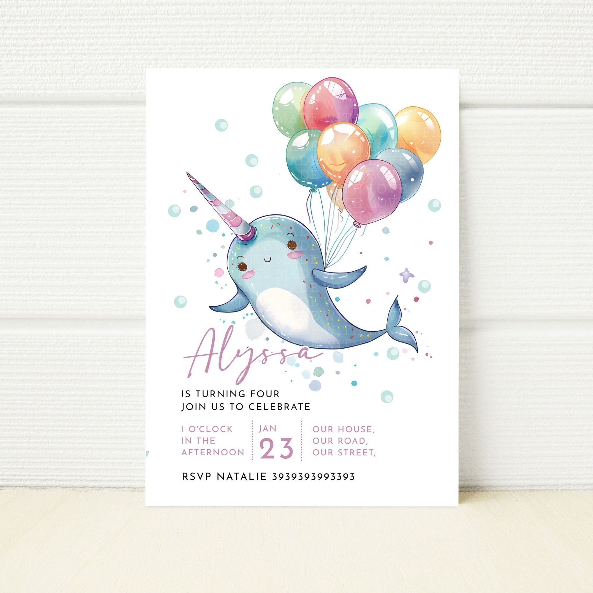 Editable Narwhal Birthday Party Invitation Digital Invite Evite Pool ...