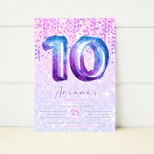 Editable Blue and Purple 10th Birthday Invitation First Birthday Invite Galaxy Balloon Sparkle Digital Instant Download Printable tenth