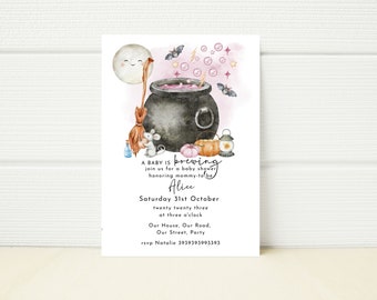 Halloween Baby Shower Invitation, Pink Cauldron, Fall Theme (Digital Download)