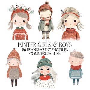 Winter Mädchen und Jungen Scandi Art Bilder Sublimationskarte Herstellung Abzeichen Einladung Design Kleine Kommerzielle Nutzung Transparent 20 png Dateien