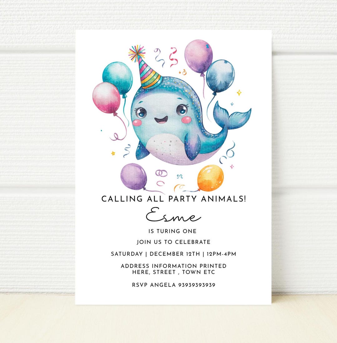 Narwhal Cute Birthday Party Invite Editable Template Phone Digital E ...