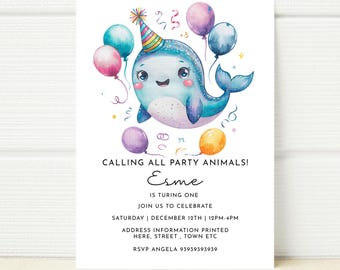 Puede incluir: Una ballena azul con un gorro de fiesta y globos de colores. El texto dice "Calling all party animals! Esme is turning one. Join us to celebrate Saturday | December 12th | 12pm-4pm. Address information printed here, street, town etc. RSVP Angela 93939393939".