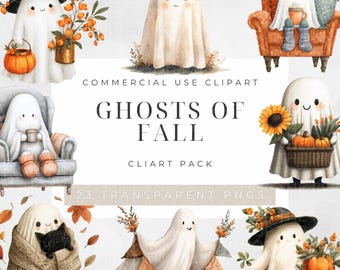 Set di clipart di fantasmi autunnali ad acquerello, PNG di Halloween (download digitale)