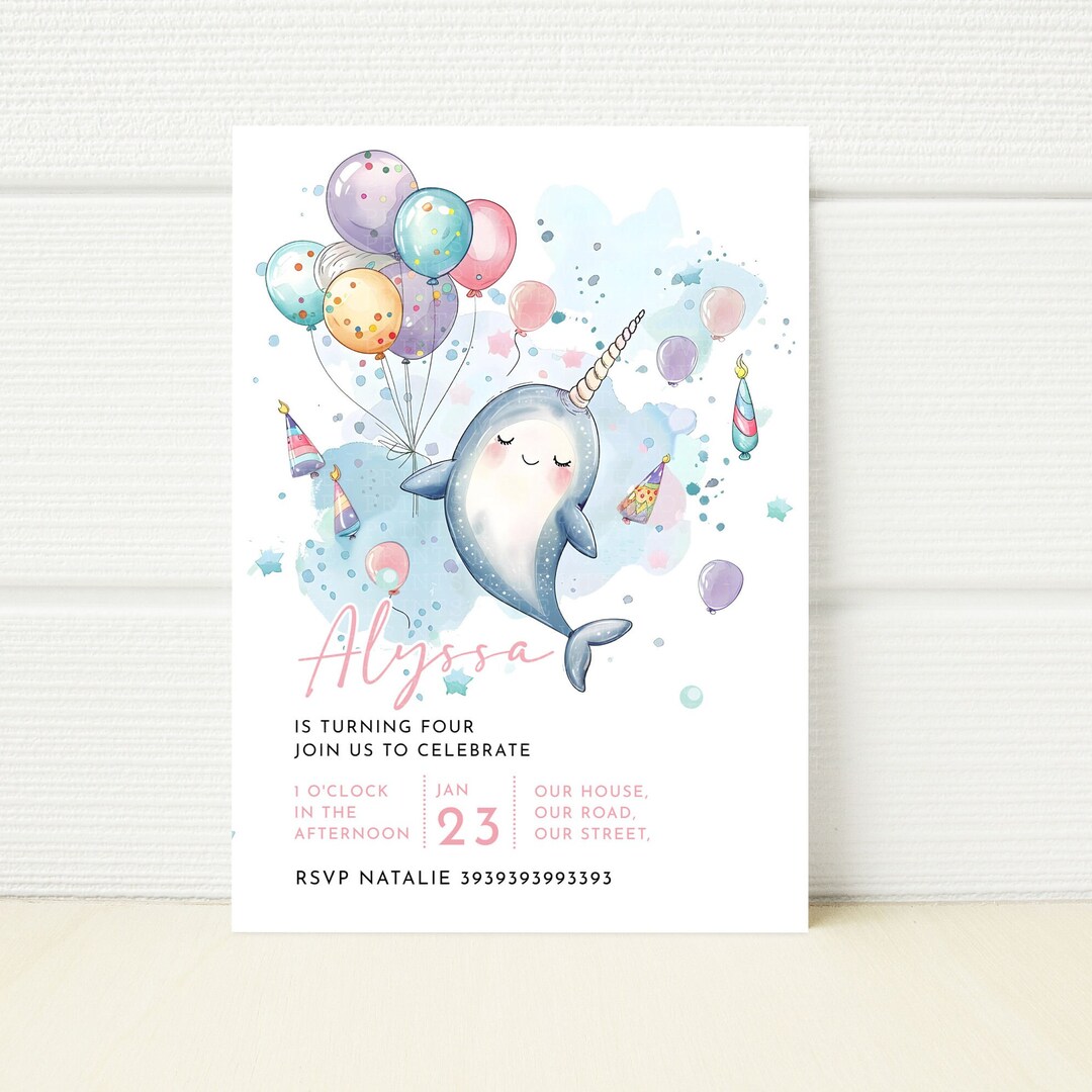 Editable Narwhal Birthday Party Invitation Digital Invite Pool Party ...