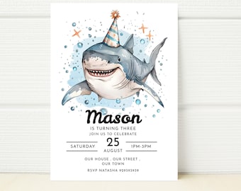 Editable Shark Birthday Party Invitation Under The Sea Party Invite Pool Party Digital Download  E Invitation Mobile Invite Girl Boy