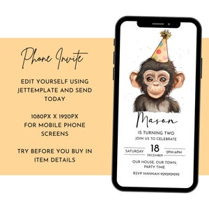 Monkey Birthday Invitation Wild  Party Invite Picture Message Digital Electronic Zoo Jungle Editable Template 1st 2nd 3rd 4th 5th 6th 7th