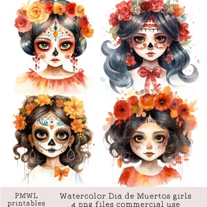 Dia de los Muertos schöne Mädchen Schädel Clipart Aquarell Bundle 4 Bild PNG Instant Download Tag der Toten Karte machen Sublimation