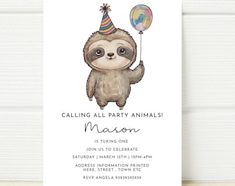 Może przedstawiać: Zaproszenie na przyjęcie urodzinowe z kreskówkowym leniwcem w czapce urodzinowej i trzymającym kolorowy balon. Tekst brzmi "Calling all party animals! Mason is turning one. Join us to celebrate Saturday | March 12th | 12PM-4PM. Address information printed here, street, town etc. RSVP Angela 93939393939."