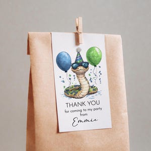 Peut inclure: Merci d'être venu à ma fête de la part d'Emmie. Un serpent vert et bleu portant des lunettes de soleil et un chapeau de fête avec des ballons bleus et verts en arrière-plan.