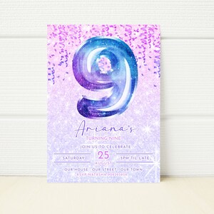 Editable Blue and Purple 9th Birthday Invitation First Birthday Invite Galaxy Balloon Sparkle Digital Instant Download Printable ninth