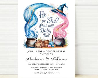 Gender Reveal Invitation Potions Witch Printable Wizard Witch Baby brewing Template Editable He or She What will Baby be? Download Boy girl