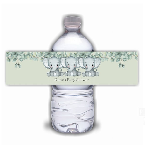 Triplets Baby Shower Water Bottle Label Template  Grey Unisex Elephants Printable Digital download Editable Personalised  Party Decor