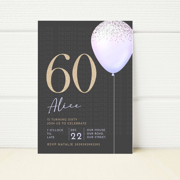 Bearbeitbare Einladung zum 60. Geburtstag, Party, minimalistisch, hellblau, goldfarben, druckbare Vorlage, digitale Einladung, 60. Geburtstag