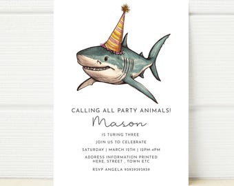 May include: A birthday party invitation featuring a cartoon shark wearing a party hat. The text reads "Calling all party animals! Mason is turning three. Join us to celebrate Saturday | March 12th | 12PM-4PM. Address information printed here, street, town etc. RSVP Angela 93939393939."