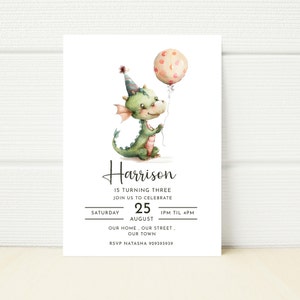 Dragon Birthday Invite Editable Template Cute Kawaii Minimalist Simple Party Invitation Digital Mobile Phone  E Invitation Printable