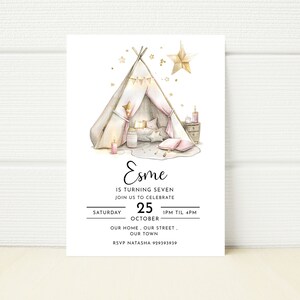 Slumber spa Party Teepee Tribe Birthday Sleepover Girls Spa Party Editable Invitation Pink Girly Gold Digital Printable Pamper Party Invite