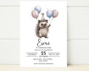 Invitación de cumpleaños de erizo, invitación digital editable para una fiesta en el bosque (descarga digital)