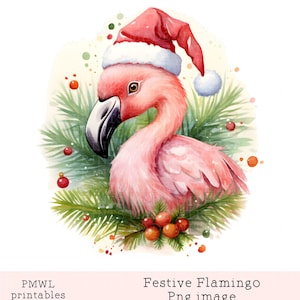 Christmas Flamingo pink in Santa Hat Clipart Cute Festive  Sublimation Card Making Bow Making Scrap booking png pink flamingo clipart