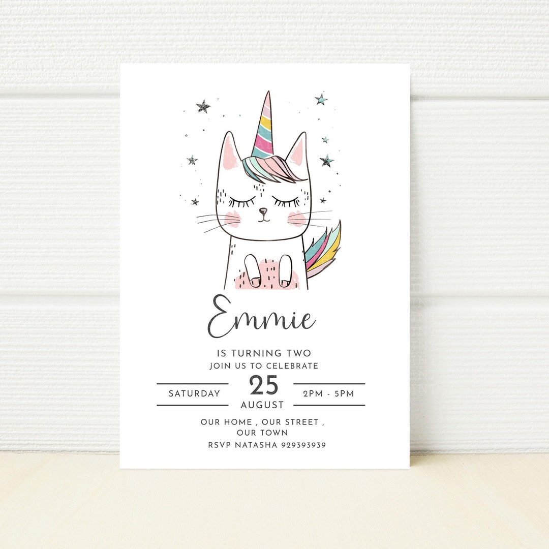 Editable Cat Unicorn Birthday Party Invitation Magical Girls Invite ...