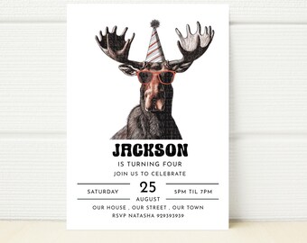 Moose Birthday Invitation Template, Wild Jungle (Digital Download)