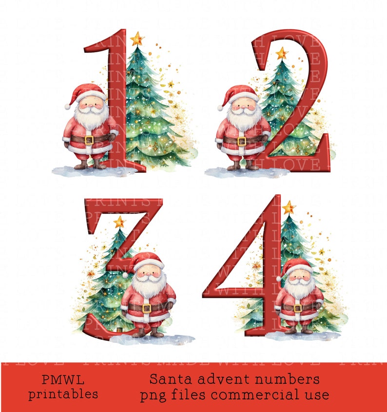Christmas Advent Numbers 1-25, Santa & Tree Clipart (digital Download ...
