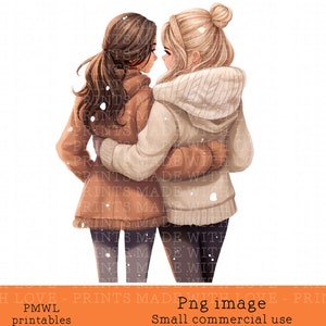 Meilleur ami clipart Brunette et une blonde Sublimation Card Making Bow Making Scrap booking png Besties Winter Friends image d’anniversaire