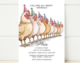 May include: A birthday party invitation featuring a line of cartoon chickens wearing party hats. The invitation says "Calling all party animals!" and includes the name "Alice" is turning three. The invitation includes the date and time of the party, as well as the RSVP information.