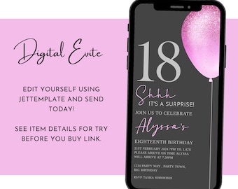 Surprise 18th Birthday Phone Invitation | Digital Invite  Eighteenth Birthday | Silver and Pink Invitation | Digital