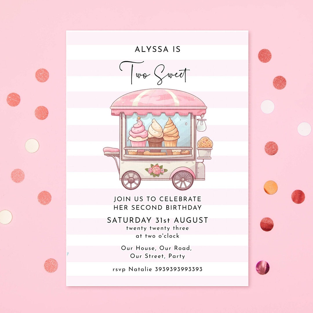 Editable Ice Cream Cart Birthday Party Invitation Invite Two Sweet 2nd