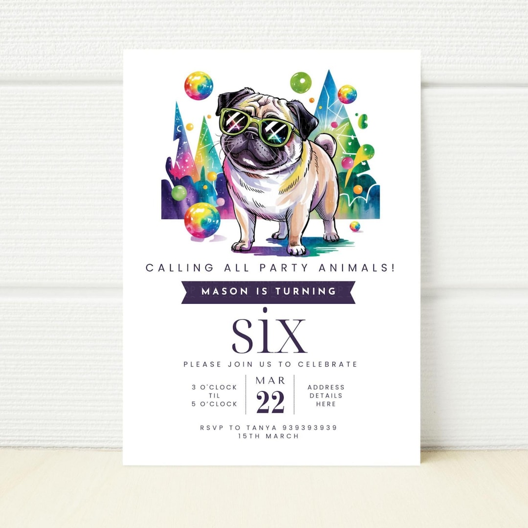 Rainbow Pug Birthday Invitation, Rave Disco Party (canva Editable ...