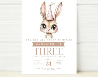 Bunny Rabbit Birthday Invitation, Editable Canva Template (Digital Download)