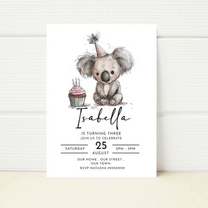 Koala 3rd Birthday Party Invitation Invite Printable Digital Personalised Picture Mobile Phone Download Text Message Minimalist Editable