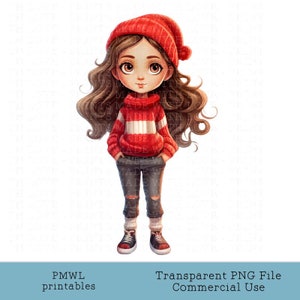 Inverno Menina Clipart Casual Jumper Jeans Botas Adolescente Sublimação Imagem Boneca Cartão Fazendo Crachá Fazendo Scrapbooking Bonito Natal morena