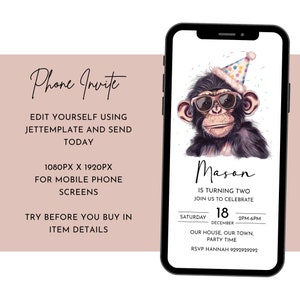 Monkey Birthday Invitation Wild  Party Invite Picture Message Digital Electronic Zoo Jungle Editable Template 1st 2nd 3rd 4th 5th 6th 7th