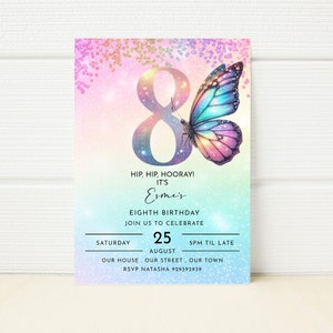 Editable Butterfly Invitation 8th Birthday Rainbow Invitation Glitter Party Girls Invitation Digital  E Invite invitation eighth