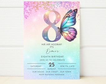 Editable Butterfly Invitation 8th Birthday Rainbow Invitation Glitter Party Girls Invitation Digital  E Invite invitation eighth